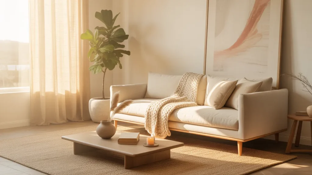 A bright, airy minimalist living room with warm neutral tones, a linen sofa, natural wood coffee table, and soft sunlight — Pinterest minimalist home decor 2026