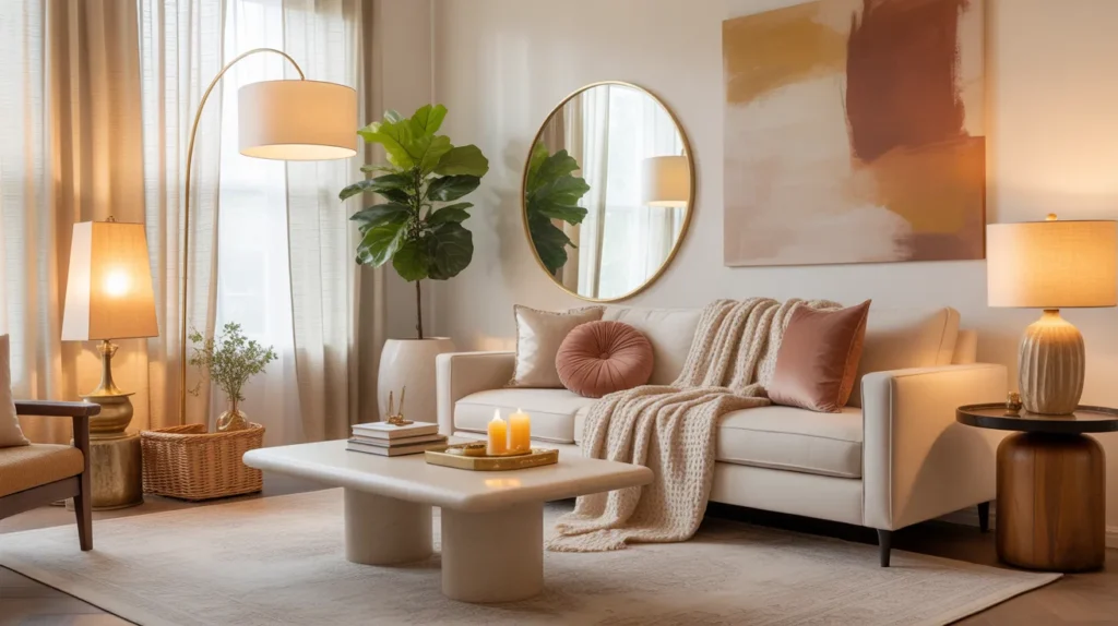 A bright, elegant living room styled with affordable luxury decor, natural textures, and plush neutral textiles — Pinterest home decor inspiration 2026