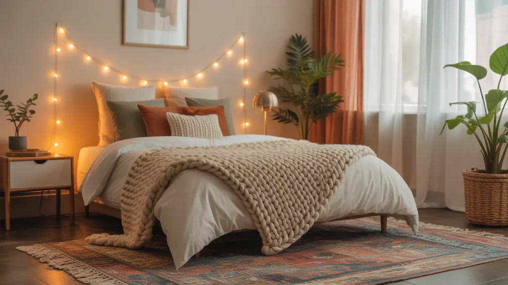 Cozy aesthetic bedroom with warm fairy lights and a chunky knit blanket