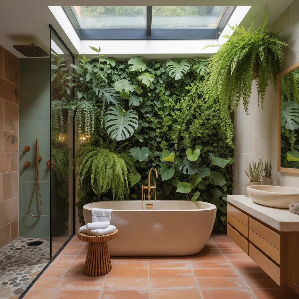 Biophilic bathroom with living plant wall and skylight.