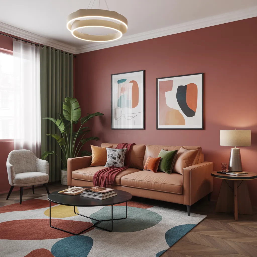Contemporary living room with terracotta walls and abstract geometric rug.