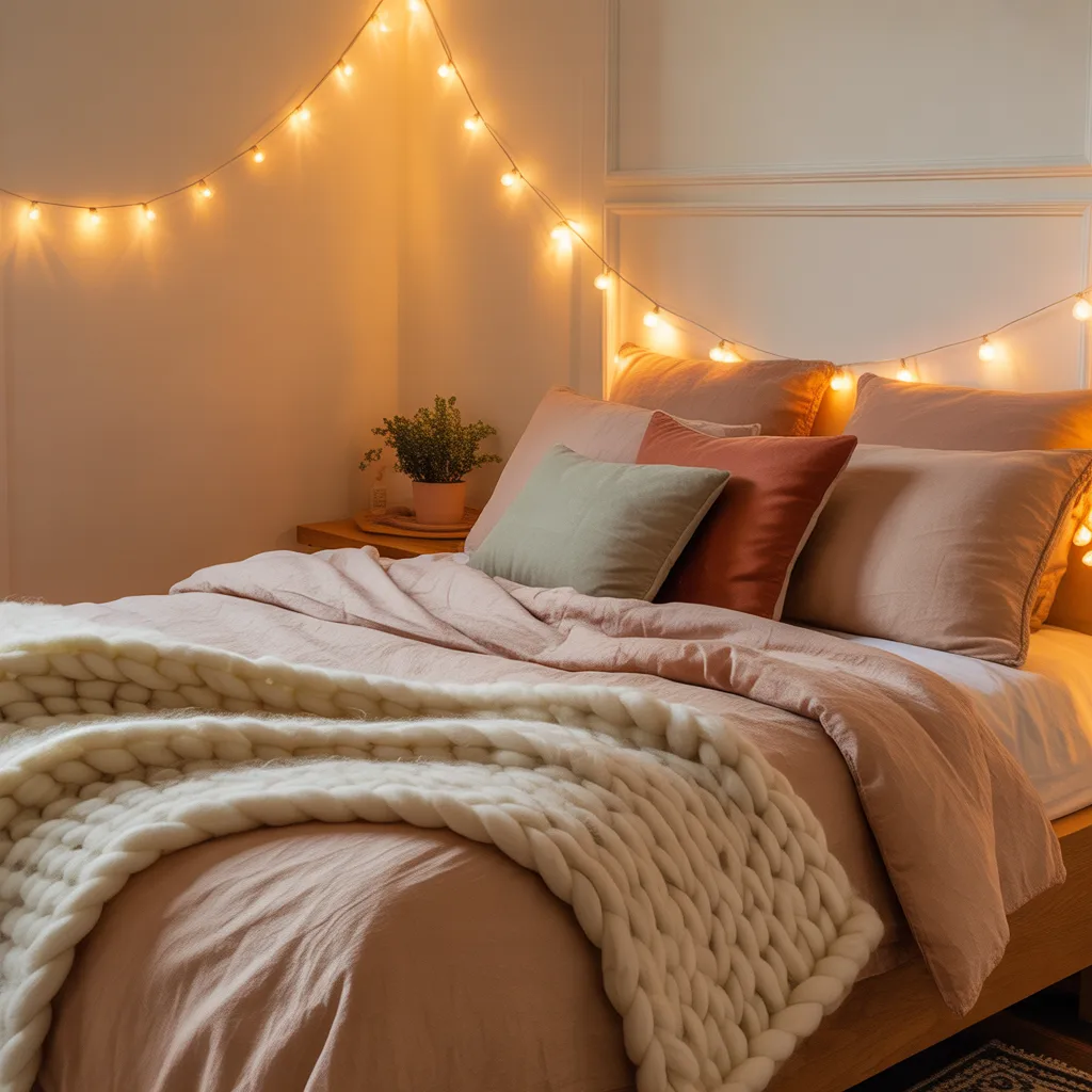A small cozy bedroom with warm fairy lights draped on the wall, soft pink and sage bedding, and a chunky knit white throw blanket for a romantic ambiance.