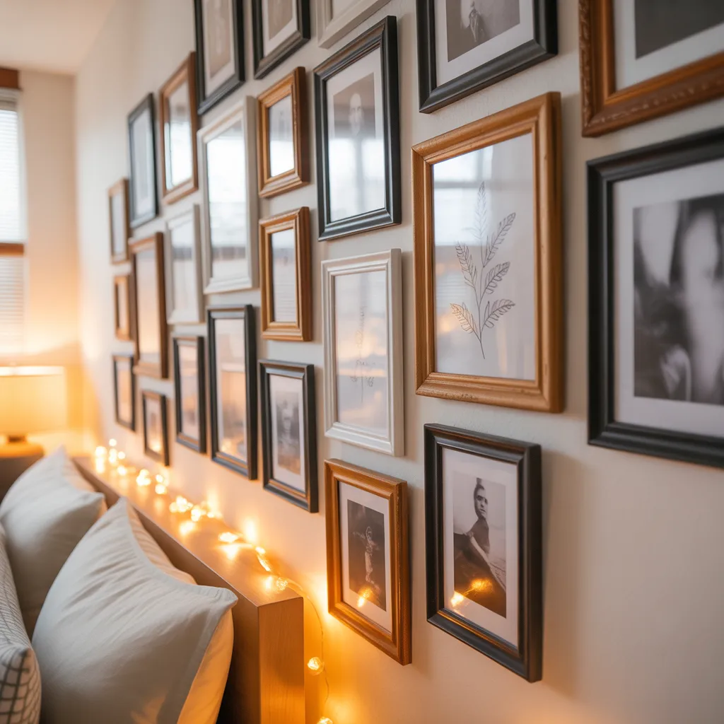 A wall of photo frames above a bed decorated with glowing fairy lights.