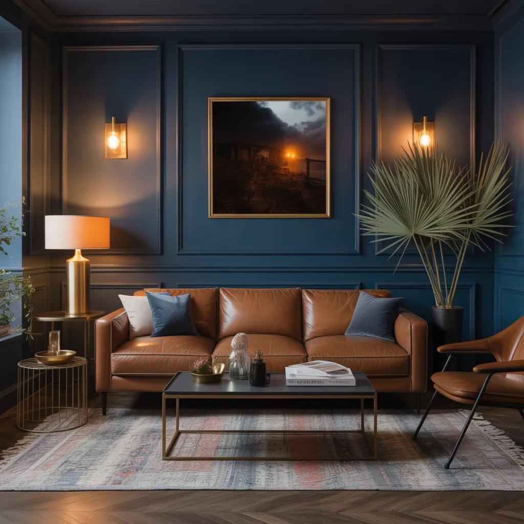 Moody dark blue living room with brown leather sofa and gold accents.