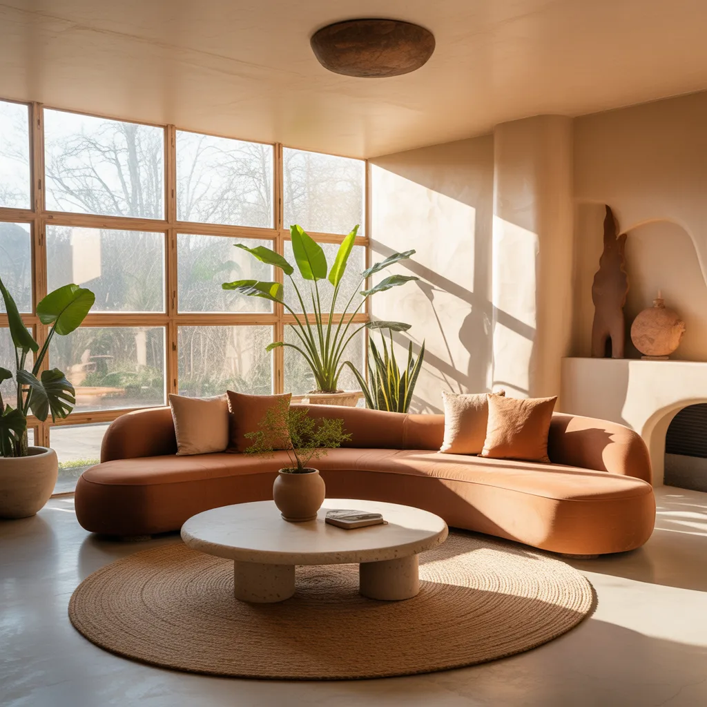 Organic modern living room with curved terracotta sofa and large windows.