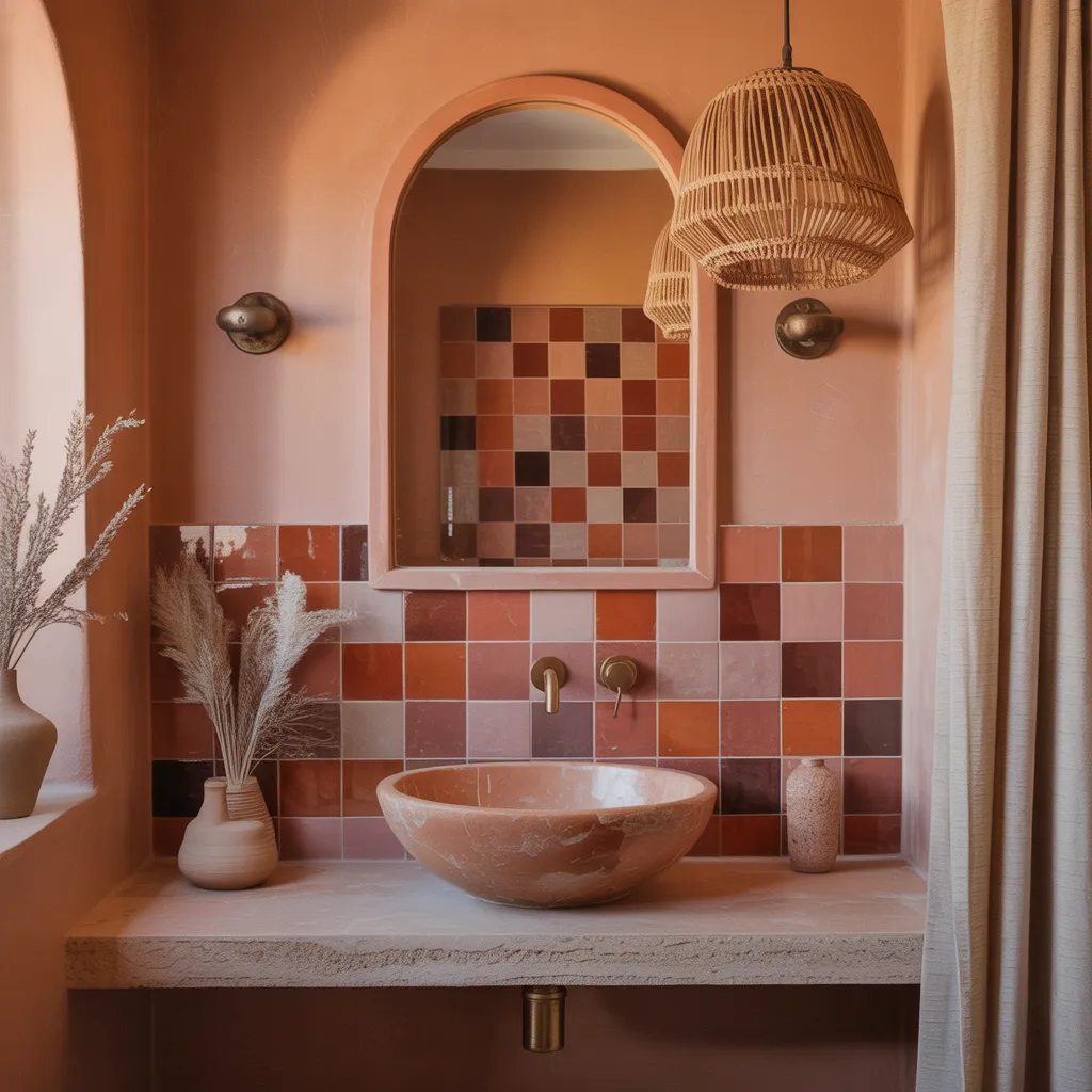 Terracotta bathroom with zellige tiles and arched mirror.