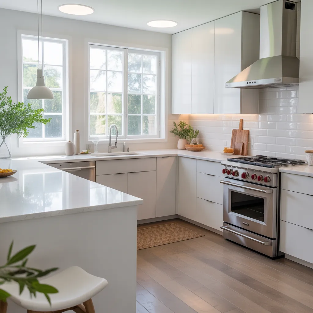 Bright all-white minimalist kitchen with flat-panel cabinets, quartz countertops, and a clean modern aesthetic.