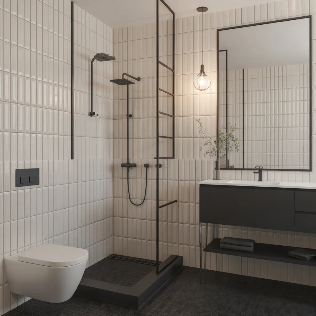 Modern bathroom with white fluted wall tiles and black fixtures.