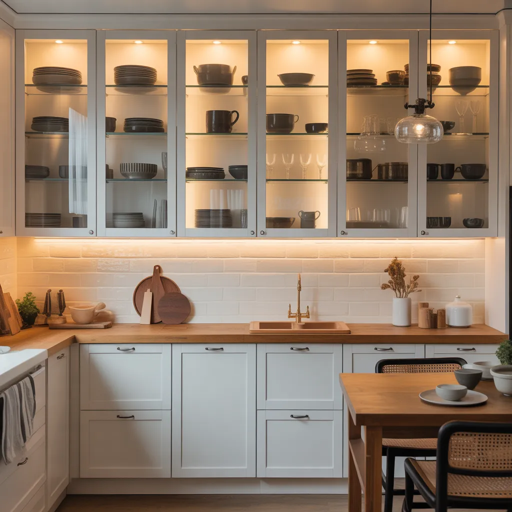 Modern kitchen with glass-front upper display cabinets featuring interior warm lighting and organized dishware.
