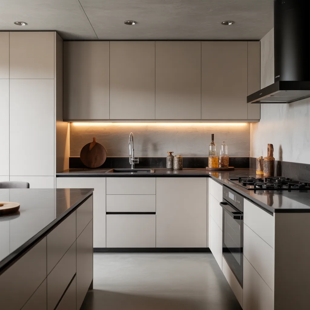 Modern minimalist kitchen featuring handle less push-to-open cabinets in a matte beige finish with under-cabinet lighting.
