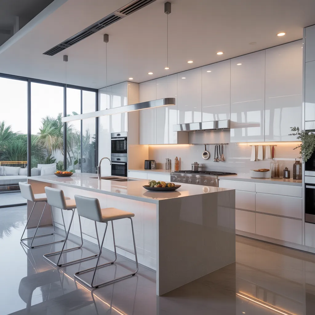 Ultra-modern luxury kitchen with high-gloss white cabinets, reflective flooring, and a large kitchen island.