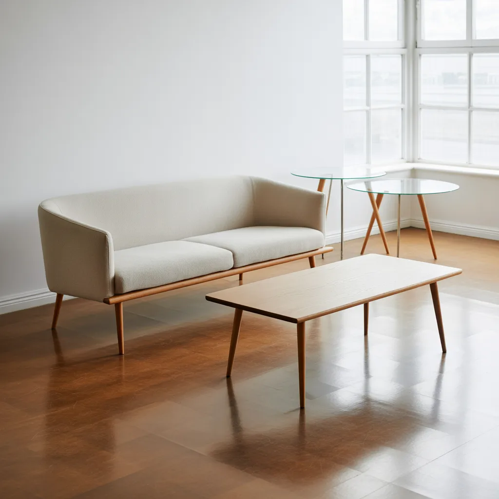 Mid-century sofa on tapered wooden legs in a minimalist living room