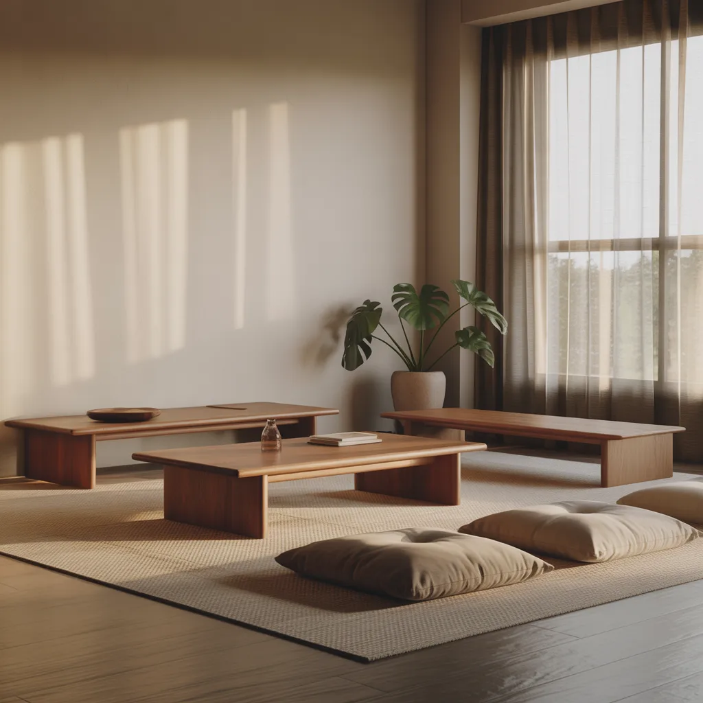 Minimalist Japandi floor seating area with low wooden tables and cushions.