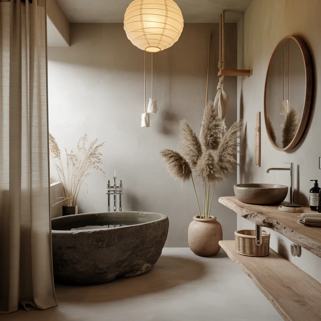 Japandi bathroom with stone soaking tub and oak shelves.