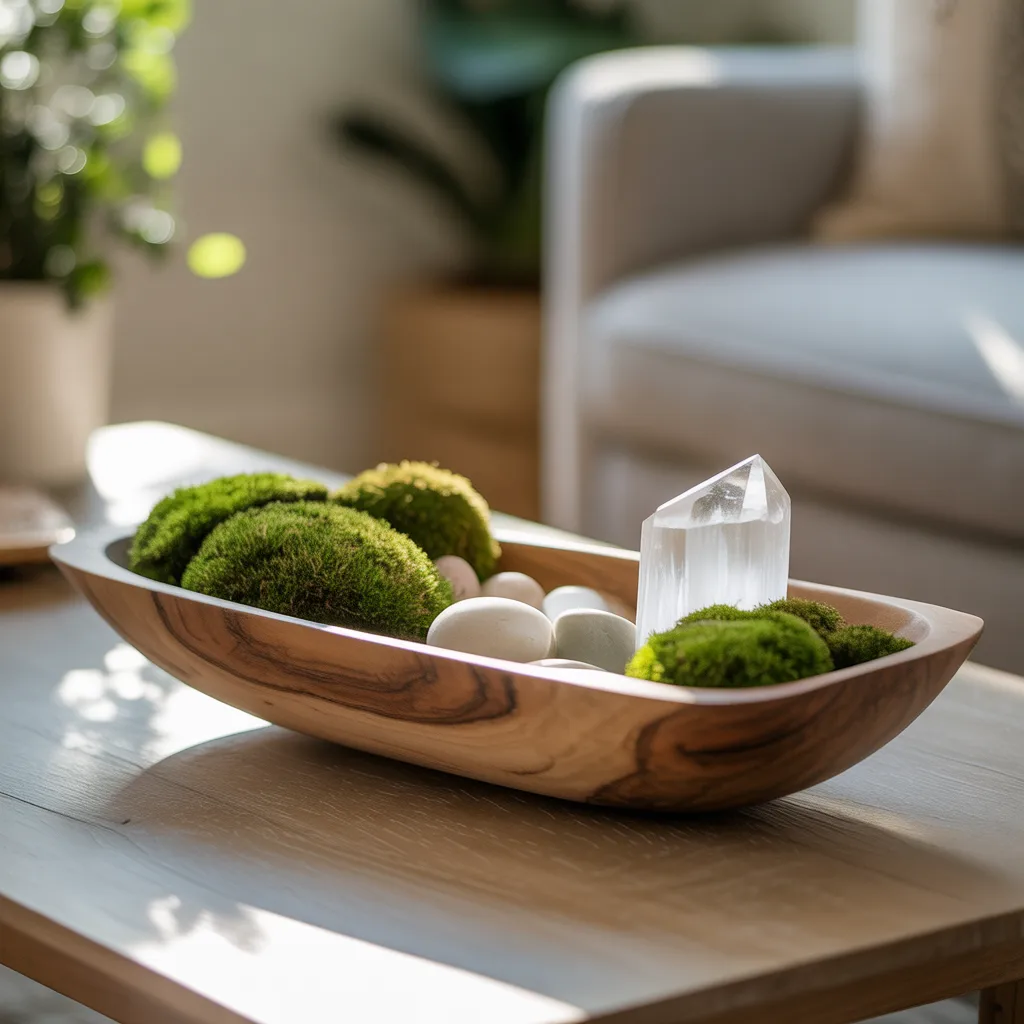 live-edge acacia wood dough bowl on oak coffee table