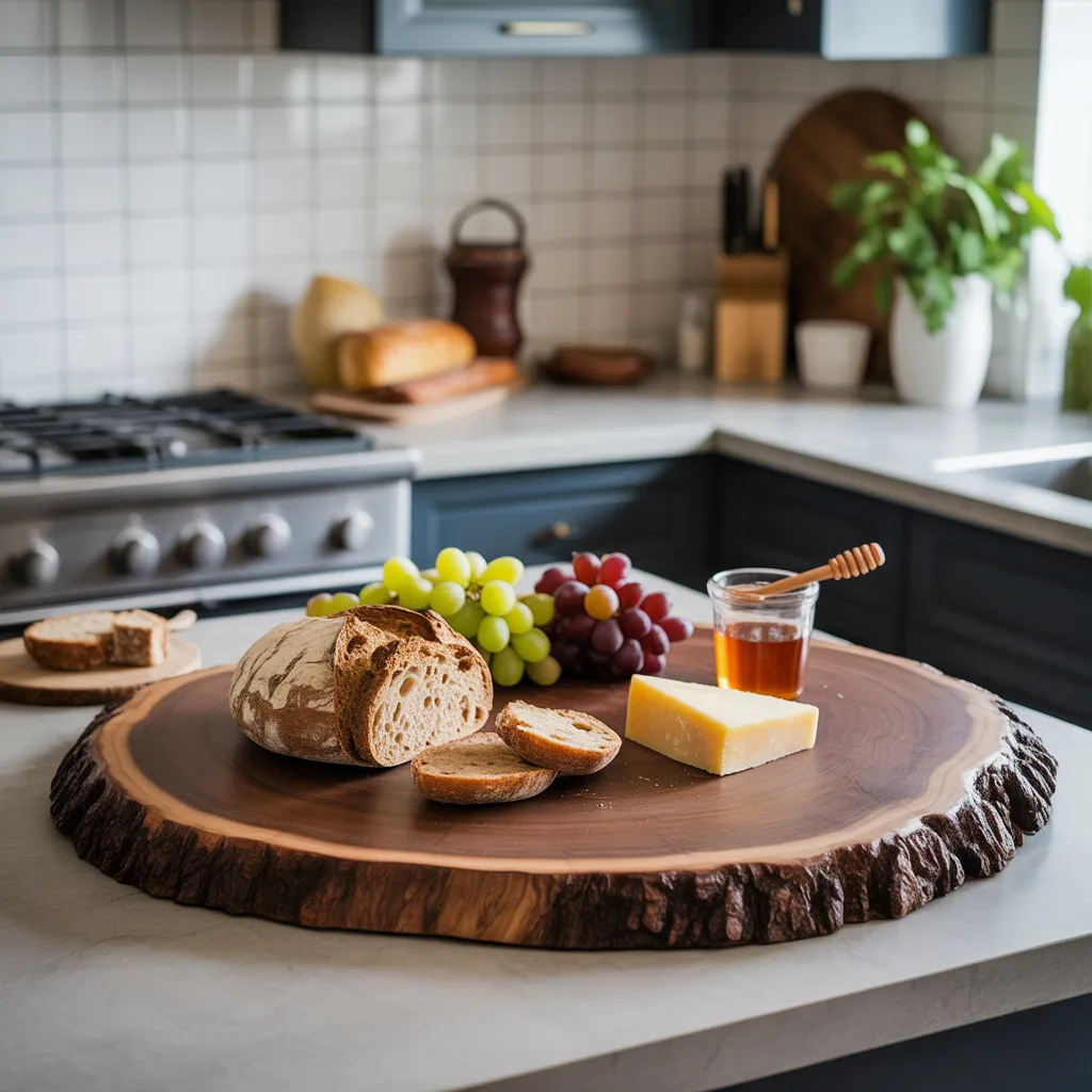 live-edge walnut wood slab serving board on kitchen island
