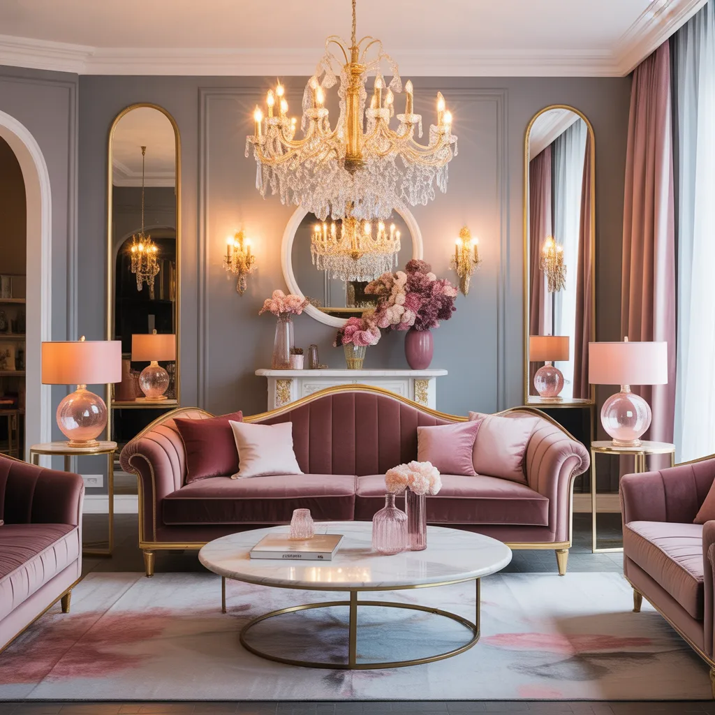 Luxurious dusty rose living room with velvet sofa, crystal chandelier, and gold arched mirrors."