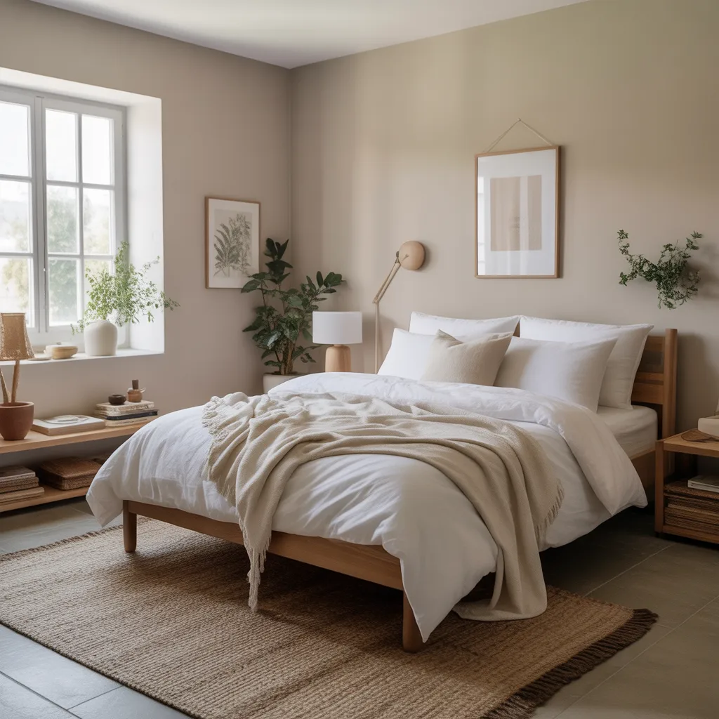 A serene Scandinavian-style bedroom with warm beige walls, a wooden bed with white bedding, indoor plants, framed wall art, and natural light from a side window.