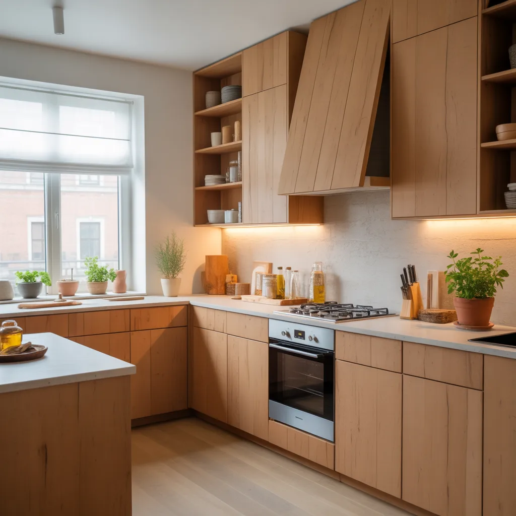 Eco-friendly kitchen design with light natural wood finish cabinets and open shelving for a warm, organic look.