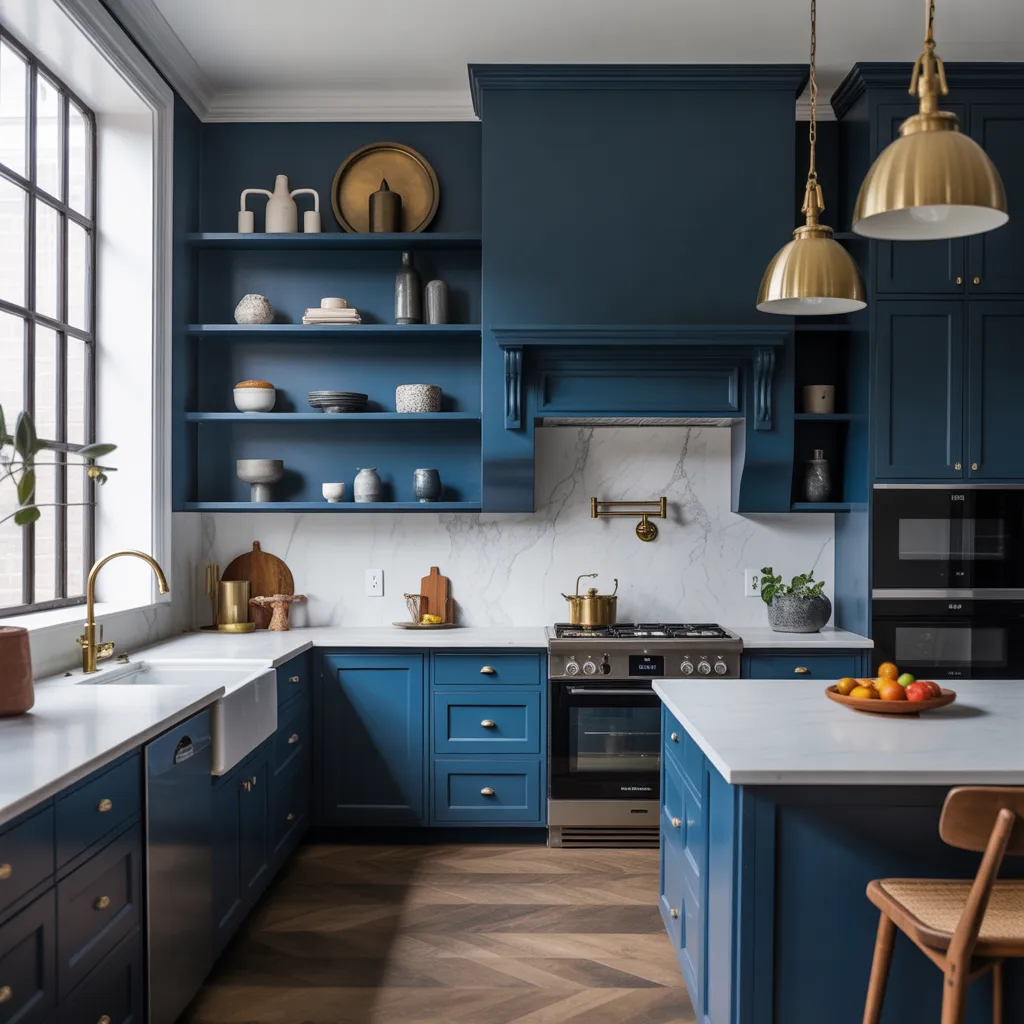 Classic kitchen design featuring deep navy blue cabinets, white marble backsplash, and luxury gold faucets.