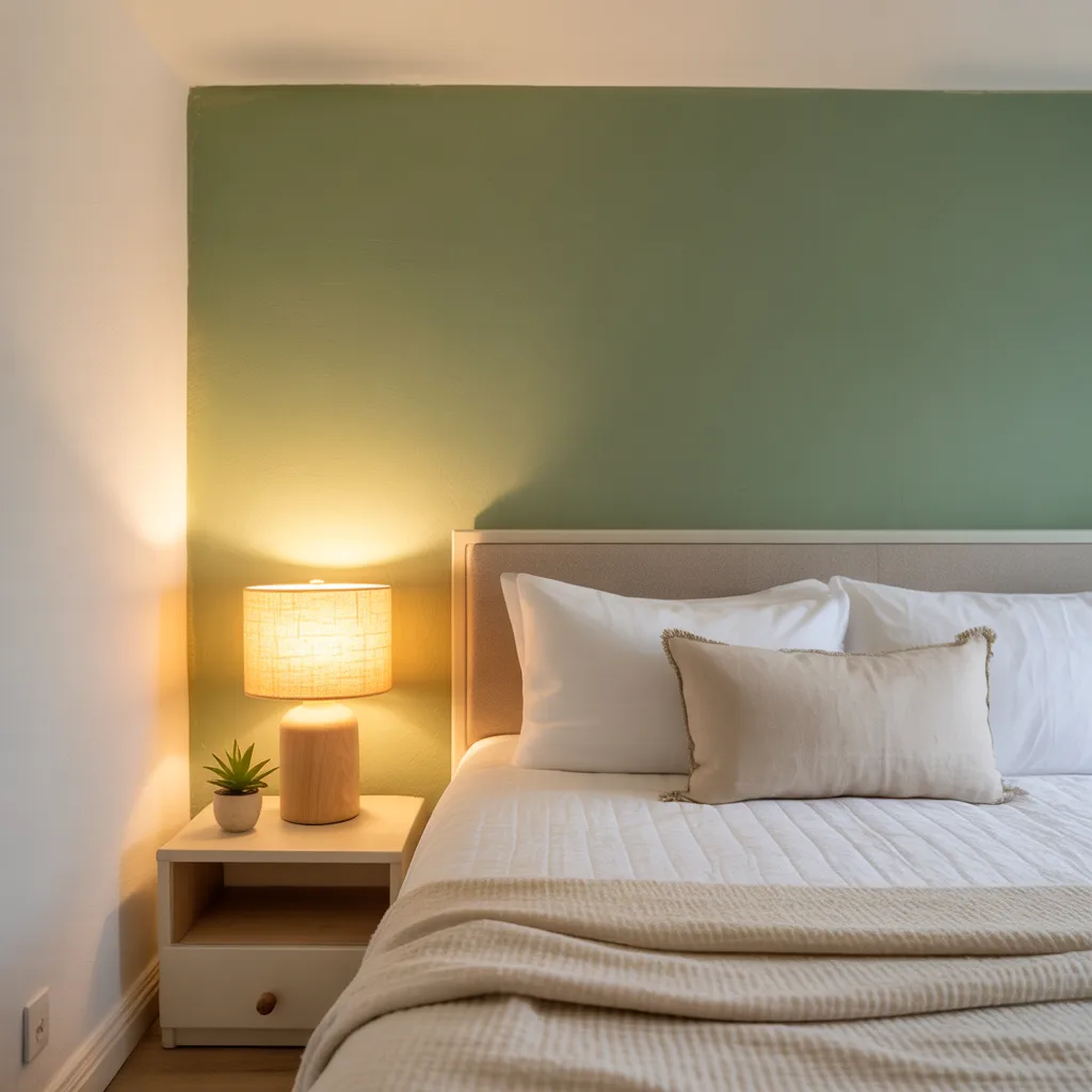 Minimalist bedroom with a sage green accent wall and a wooden bedside lamp.