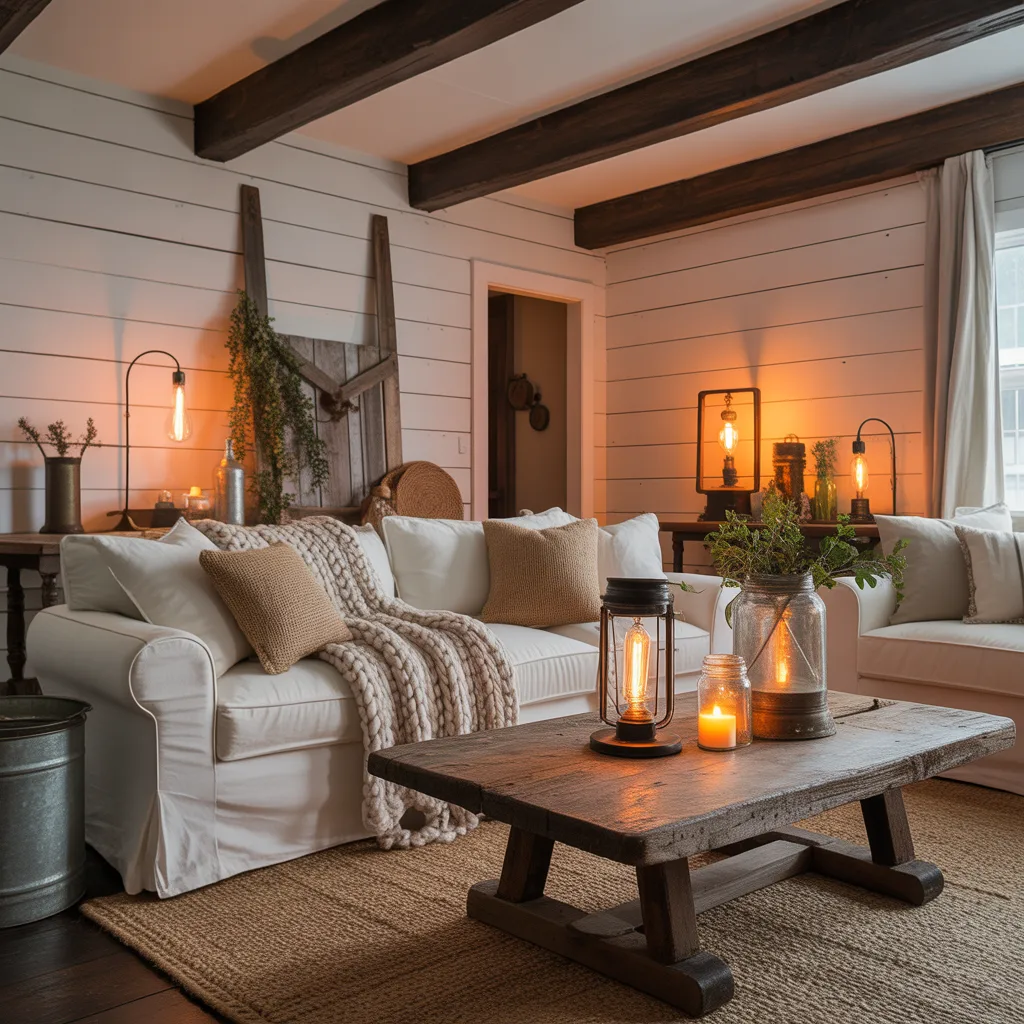 Cozy rustic farmhouse living room with warm lighting and neutral decor