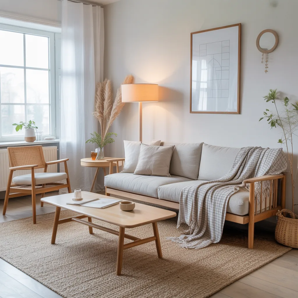 Bright Scandinavian living room with light wood furniture and jute rug.