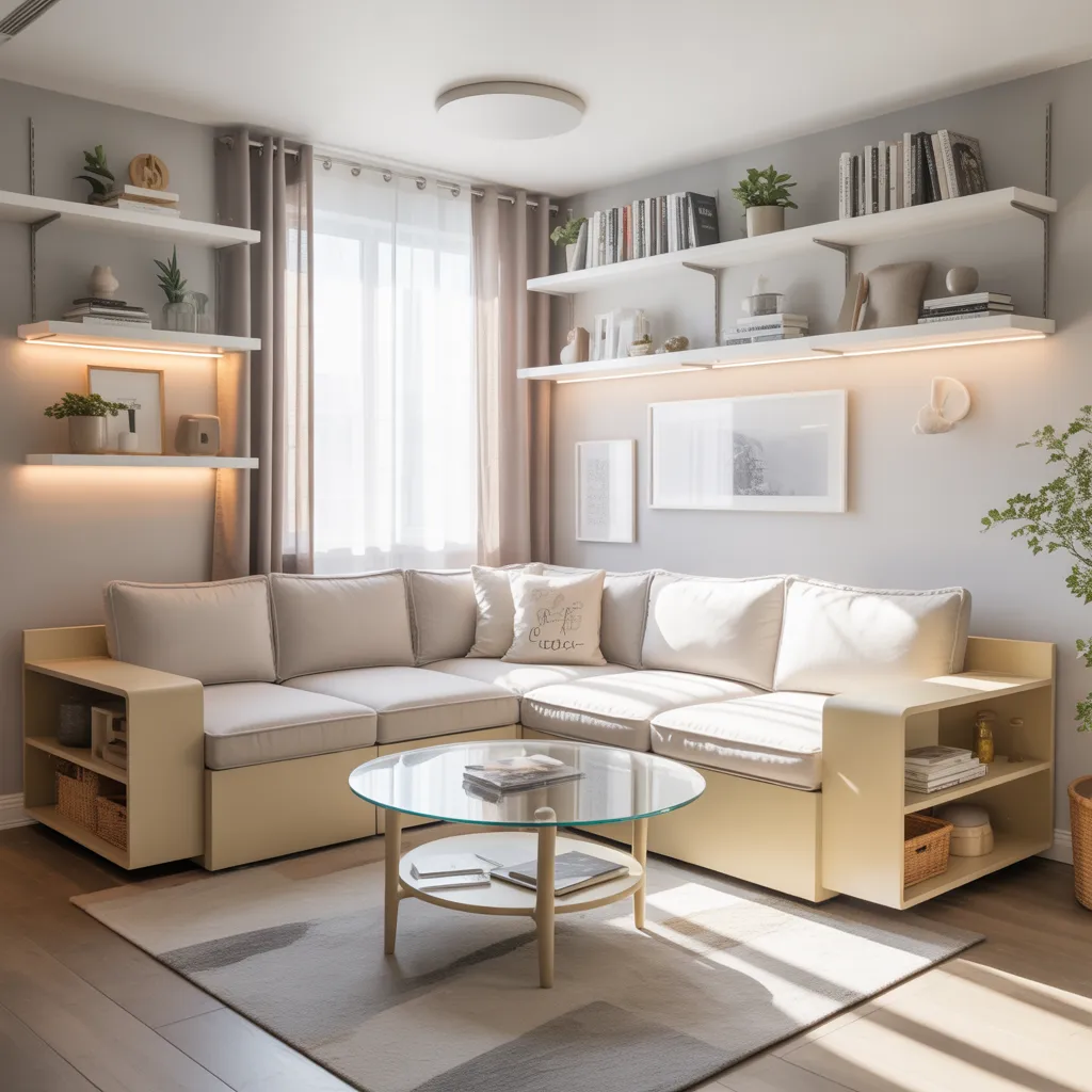 Small living room with modular L-shaped sofa and built-in wall shelving.