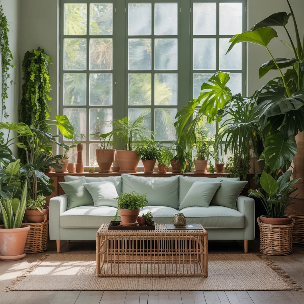 Botanical green oasis living room with a sage green sofa surrounded by lush indoor plants and large windows.
