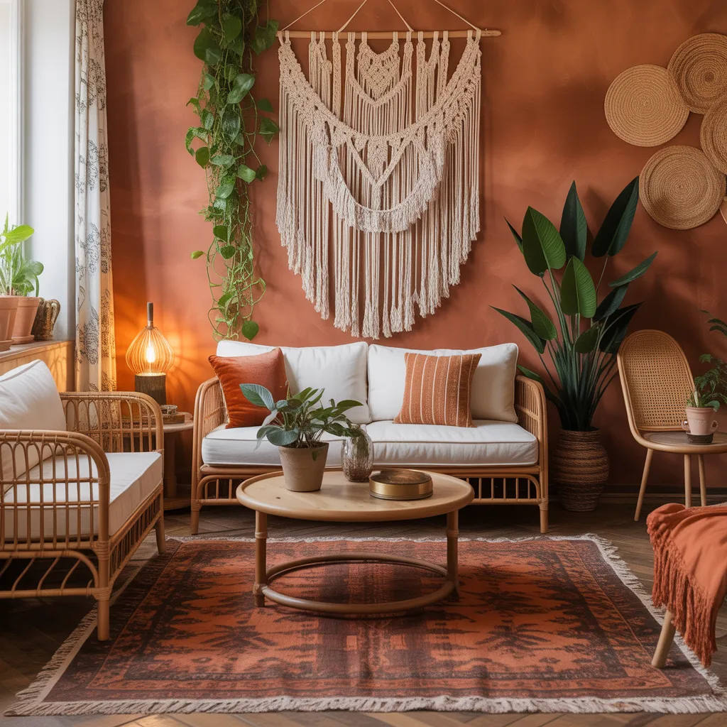 Boho living room with terracotta walls, a macrame wall hanging, and indoor plants.