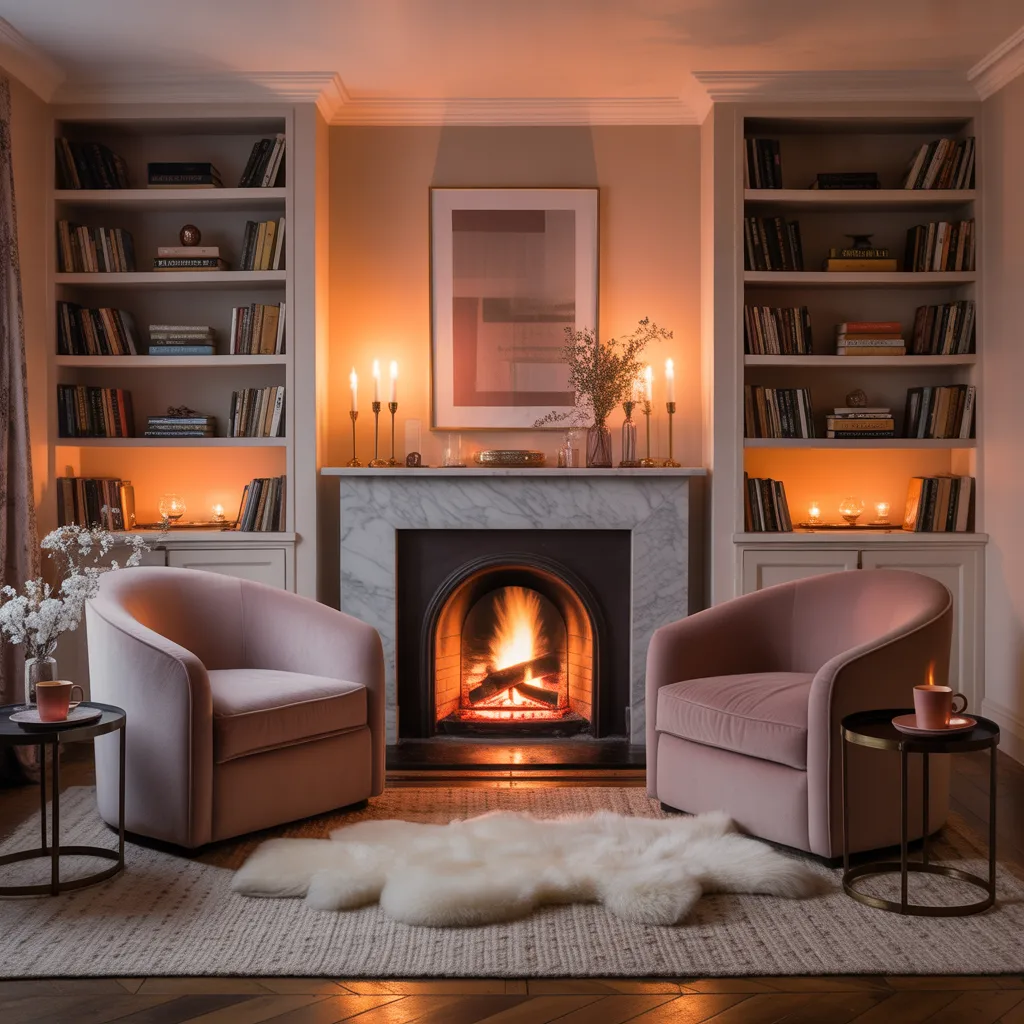 Intimate fireplace nook with two dusty rose armchairs, warm candlelight, and built-in bookshelves.