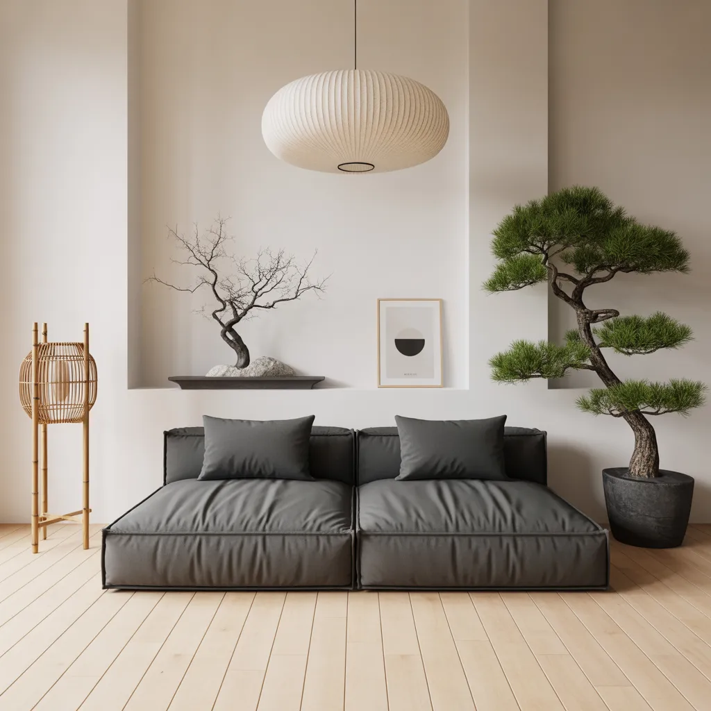 Serene Japandi living room with a low charcoal platform sofa, minimalist bonsai trees, and a washi paper pendant light.
