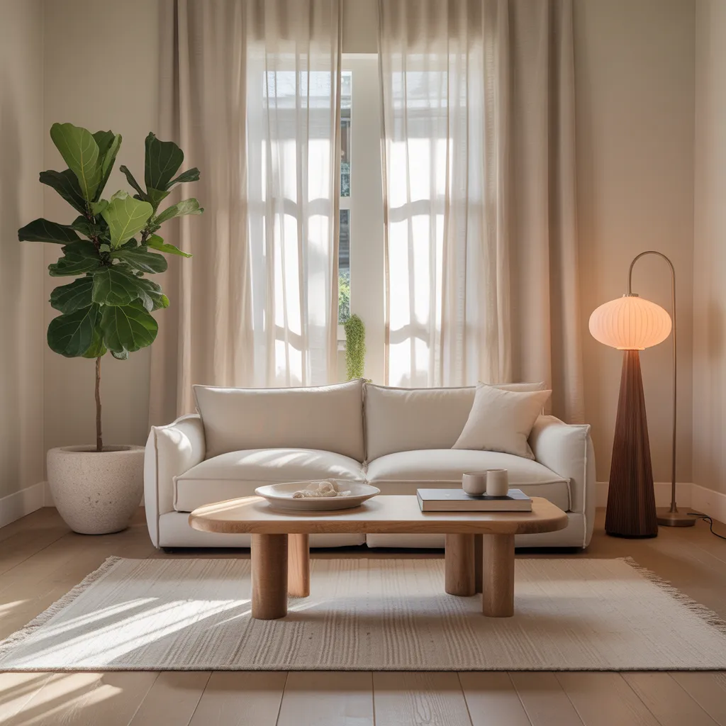 Minimalist warm sanctuary living room with natural light and breathable fabrics.