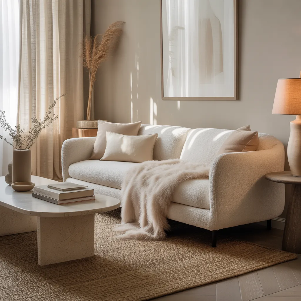 Neutral living room featuring a white bouclé sofa, faux fur throw, and layered earthy textures.