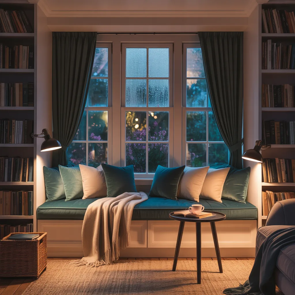 Cozy window seat reading nook with deep teal cushions, warm task lamps, and overflowing bookshelves.