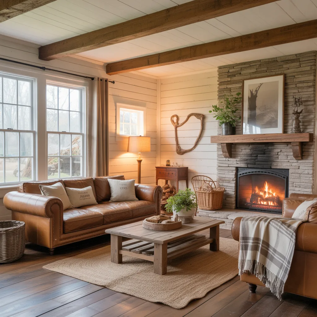 Rustic farmhouse living room with a stone fireplace, leather sofa, and exposed wooden ceiling beams.