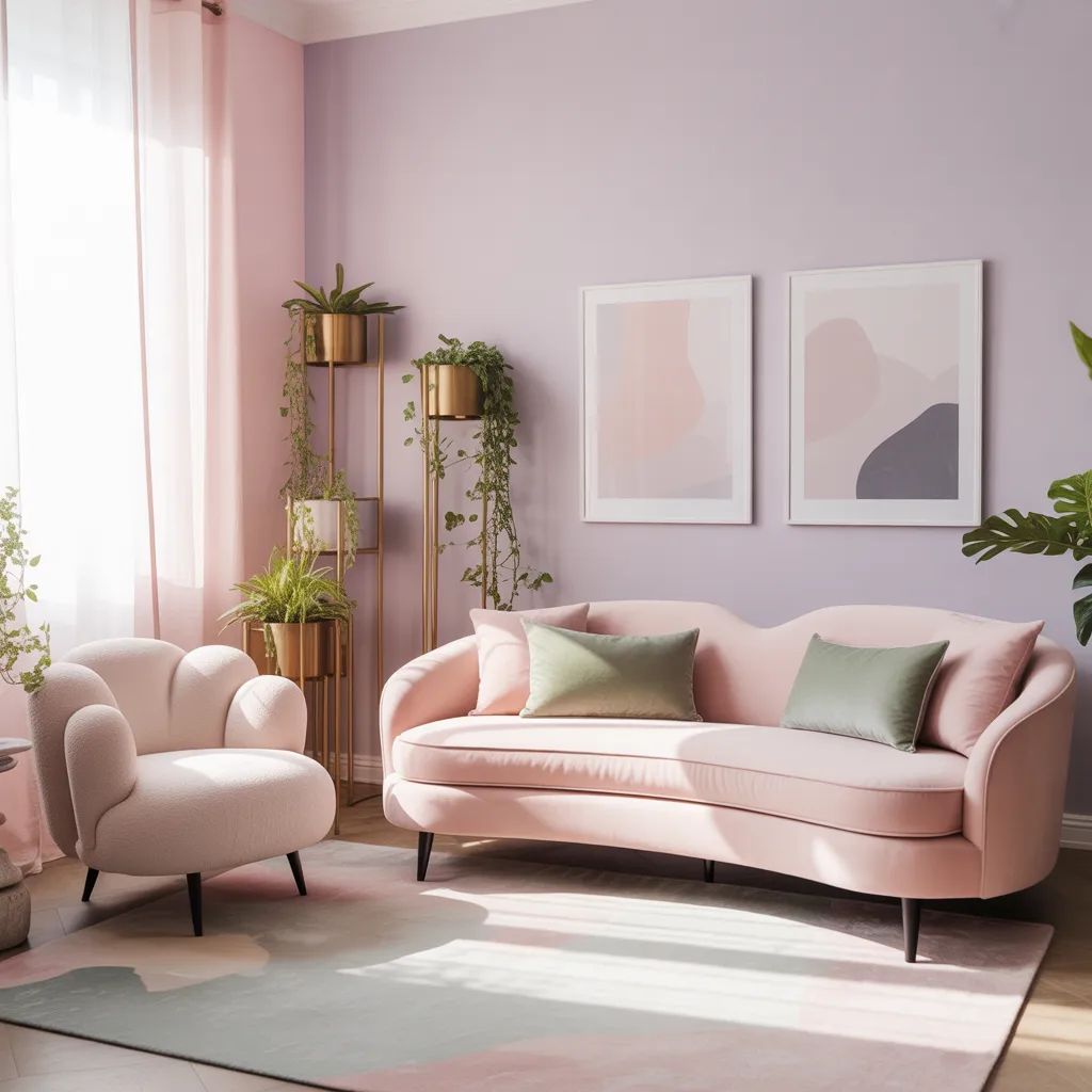 Soft pastel living room with a blush pink curved sofa, lavender walls, and sage green velvet cushions.