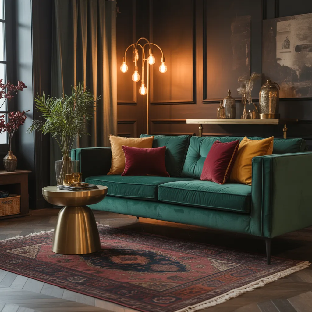 Moody jewel-tone lounge featuring a deep emerald velvet sofa and warm amber lighting.