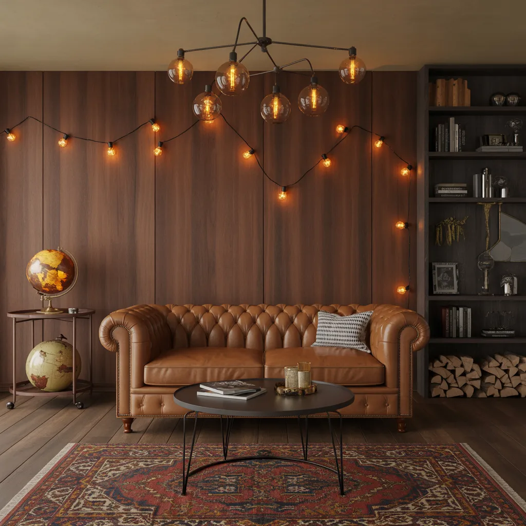 Intimate living room den with walnut wood paneling, a cognac leather sofa, and amber globe string lights.