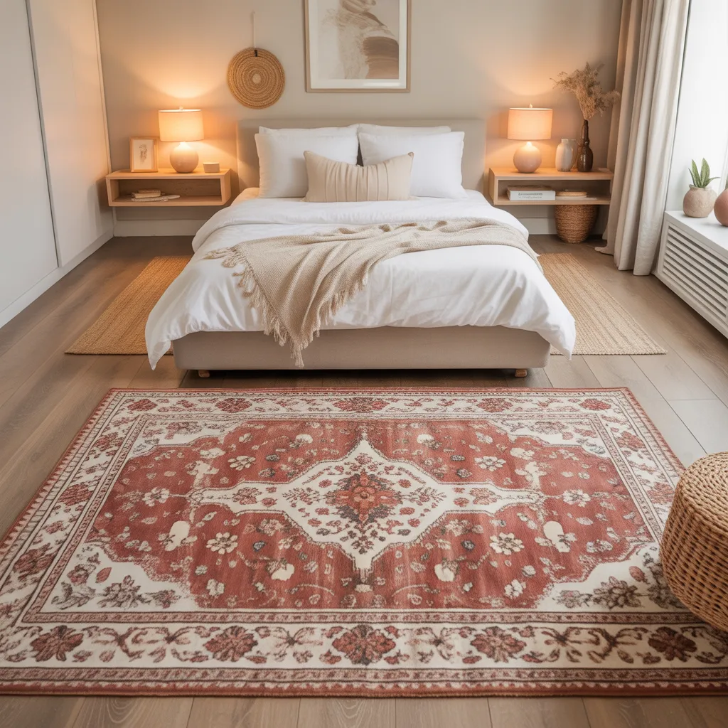 Modern bedroom with a large terracotta patterned rug and wooden nightstands.