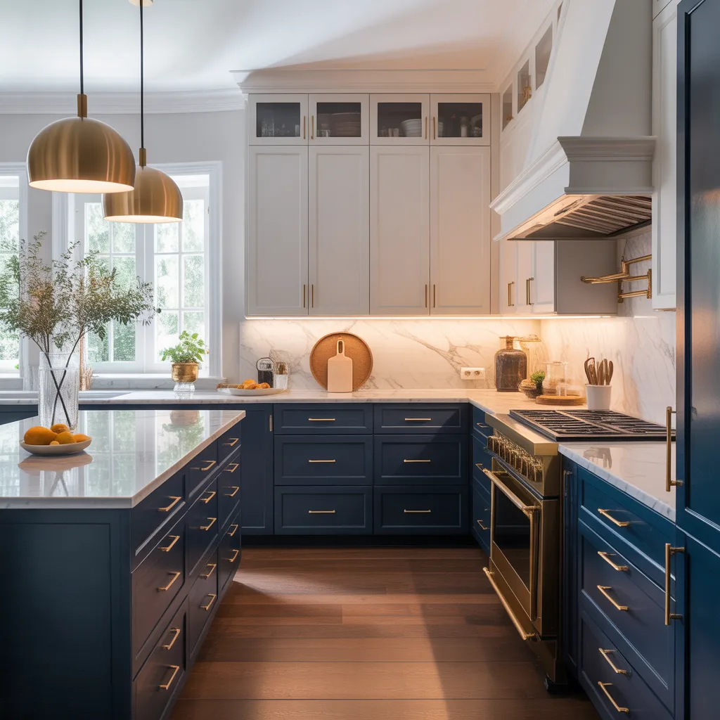 Elegant two-tone kitchen interior with navy blue base cabinets, white upper cupboards, and luxury gold hardware.