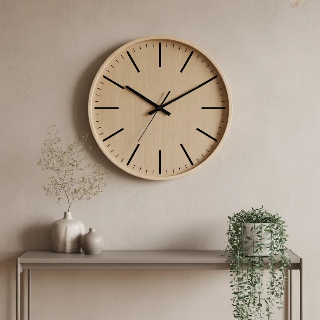 minimalist round wooden wall clock on textured plaster wall
