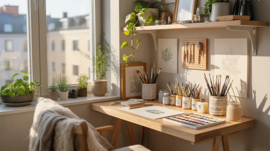 Tiny art studio ideas for small spaces — bright organized creative corner with natural wood shelves and indoor plants