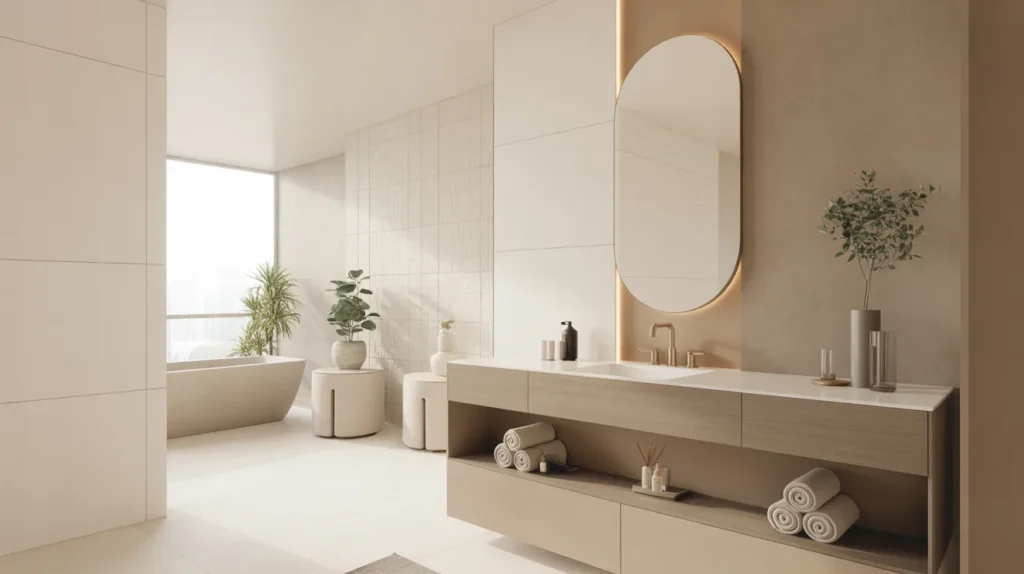 9 Bathroom Decor Ideas for a Stylish Space — spa-inspired modern bathroom with floating wood vanity, oval backlit mirror, rolled towels, and indoor plants