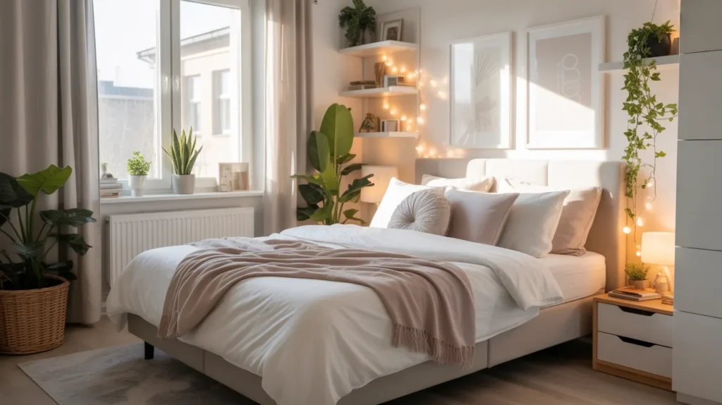 Aesthetic bedroom decor featuring warm lighting, soft neutral bedding, and indoor plants for a cozy sanctuary.