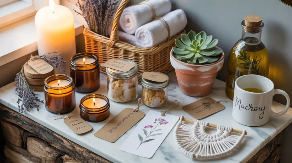 12 easy DIY gift ideas for everyone flat lay with candles spa basket and macrame on marble