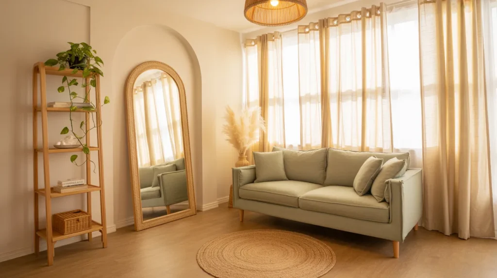 A bright, airy small 1BHK apartment interior with neutral tones, natural wood furniture, indoor plants, and warm natural light — small 1BHK interior ideas that feel big