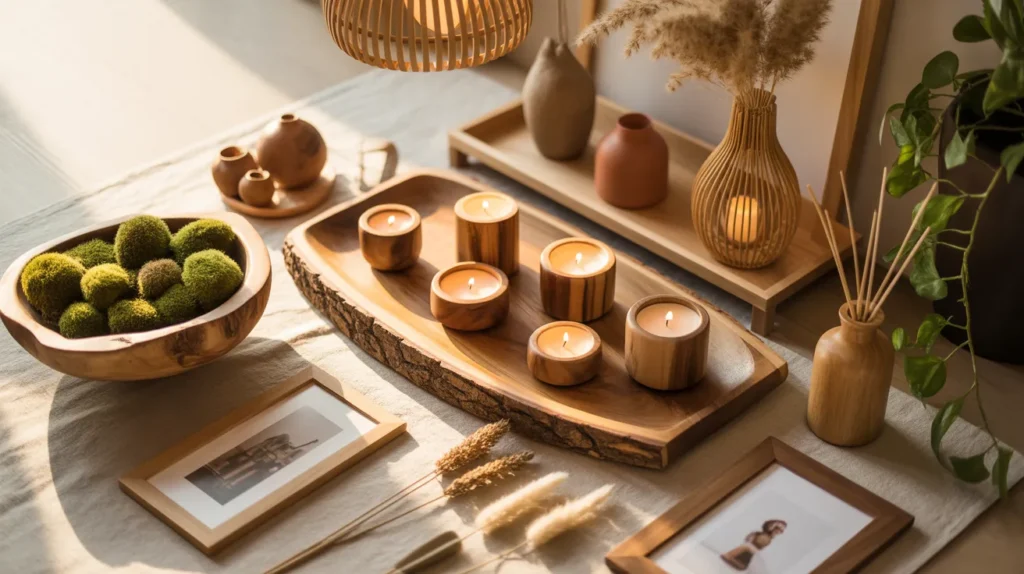 12 stunning wooden home accessories flat lay on a linen surface