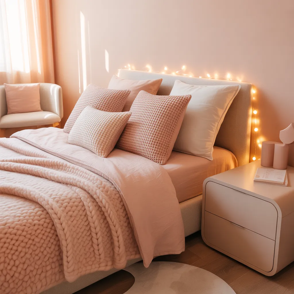A soft feminine bedroom in blush pink and peach tones featuring a cozy bed with layered pillows, a waffle-knit blanket, and warm fairy lights along the headboard.