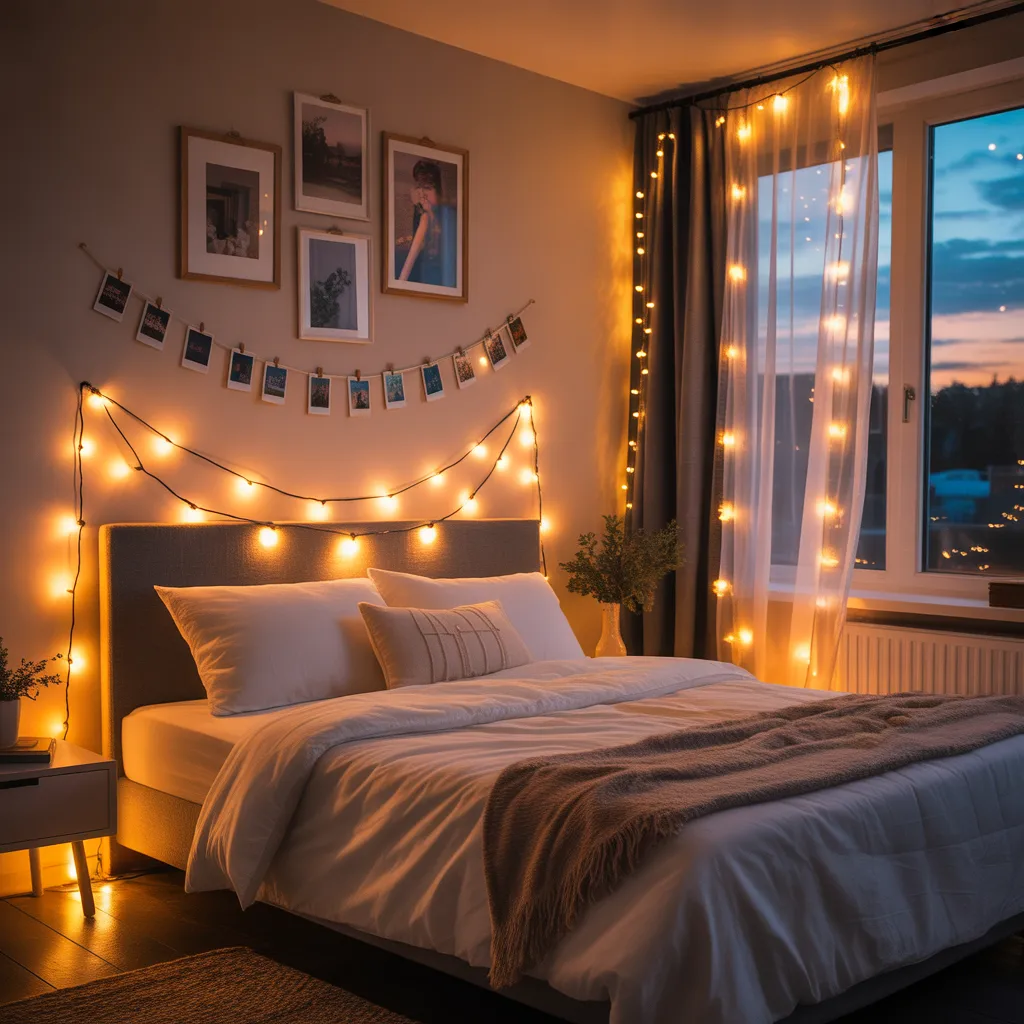 Romantic bedroom ambiance with warm fairy lights on the wall and curtains.